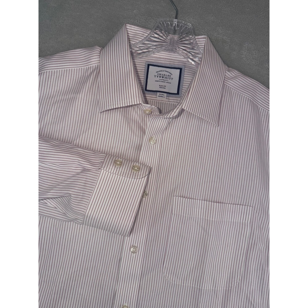 Charles Tyrwhitt Mens 17X34 Slim Fit Non-Iron Striped Dress Shirt Burgundy White